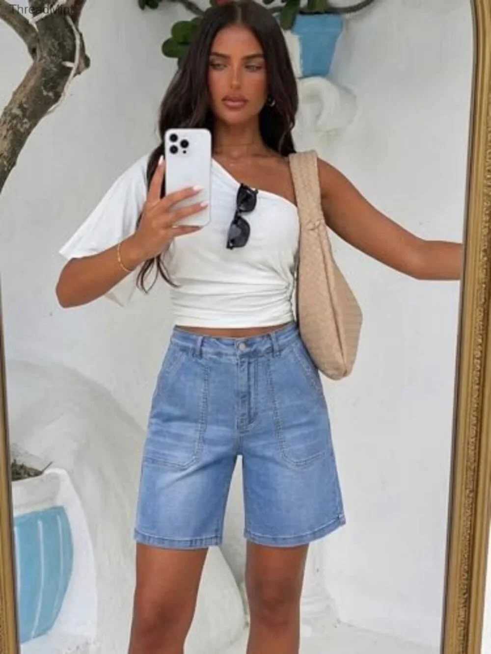 Denim Bermuda Shorts Stretchy Elastic Waist High Rise Jorts